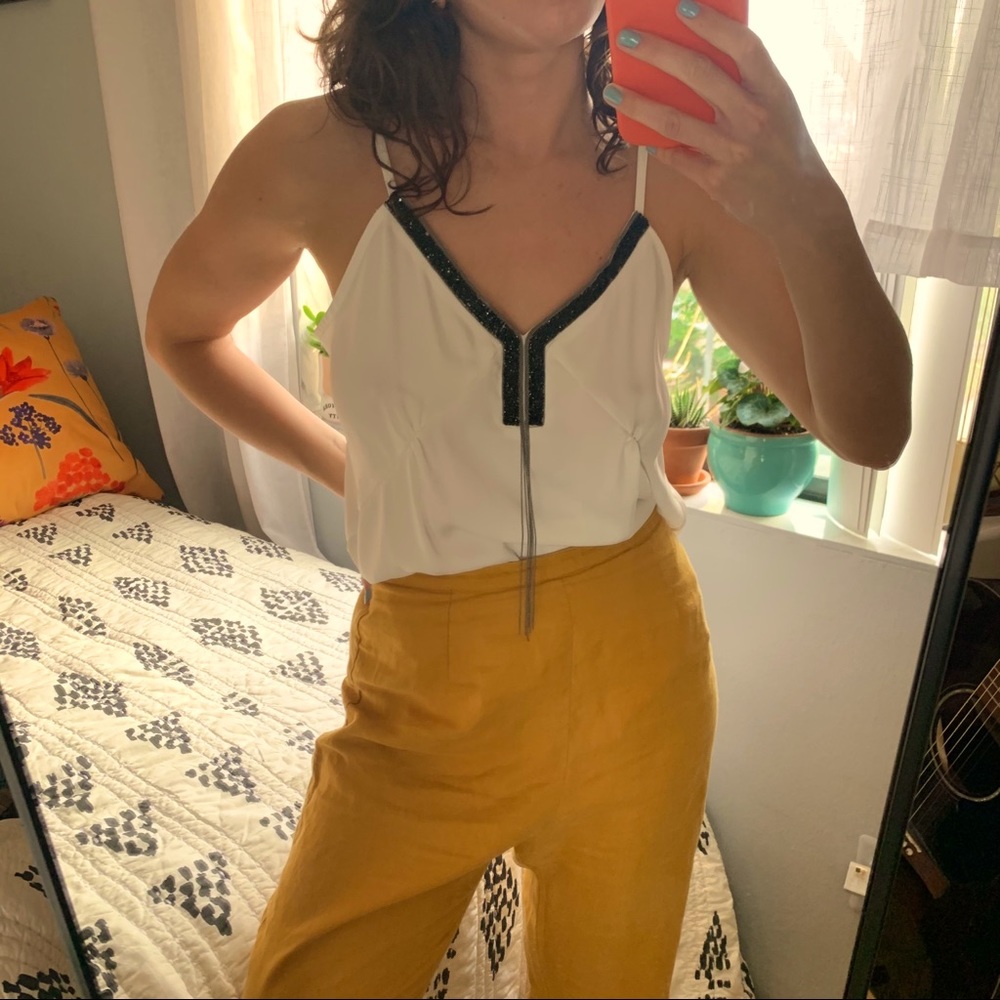 ZARA White Tank Top with Black Sparkly Beads